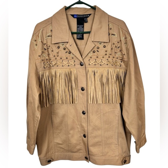 Vintage khaki denim fringe western jacket, 14, studs, embroidery Cowboy Rodeo - Picture 1 of 9
